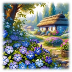 C:\Users\Наталочка\Desktop\DALL·E 2024-03-18 18.45.10 - Illustrate a scene reflecting the era of Taras Shevchenko for his poem about periwinkle flowers blooming and thriving in a garden. The scene should de.png